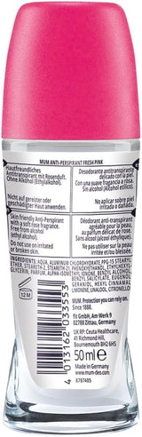 Fresh Pink Rose Perfumed Roll on Deodorant, 48 Hours plus Protection, Alcohol Free Womens Deodorant, Anti-Perspirant, Vegan, Sustainable Glass Bottle, Rose Fragrance, 50 Ml, Pack of 6