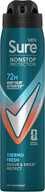 Men Nonstop Protection Thermo Fresh Anti-Perspirant Aerosol Men'S Deodorant Spray with Body Heat Activated Technology and a Clean Fragrance for 72 Hour Odour and Sweat Protection 6X 250 Ml