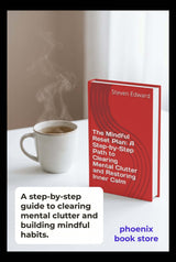 Red book titled 'The Mindful Reset Plan' by Steven Edward next to a cup of coffee with smoke on a white surface.