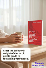 Book titled 'The Space Reset Plan' on a table with a person holding a mug, against a light curtain background.